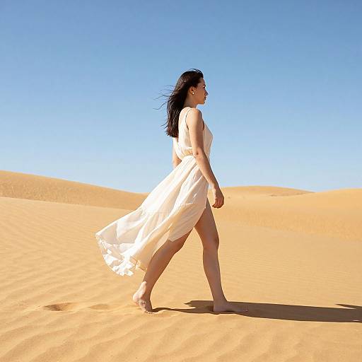 Photograph of a woman with long black hair, wearing a flowing white dress, walking barefoot through a bright blue desert under clear skies.