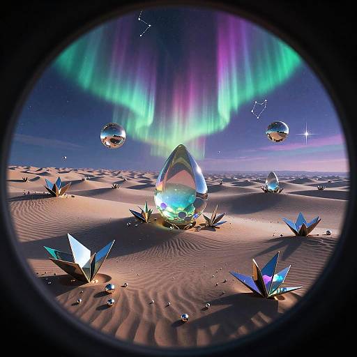 Prismatic Micro-Desert with Aurora and Reflective Orbs