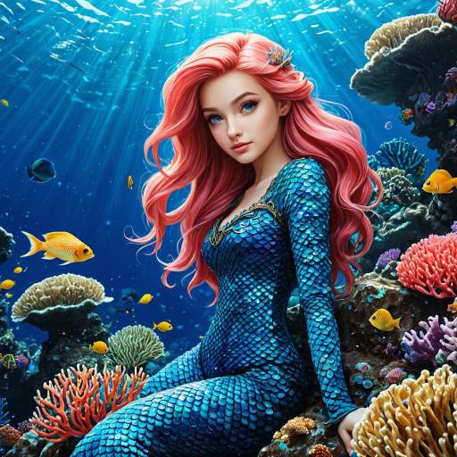 Realistic Mermaid with Blue Scales and Coral Hair Underwater