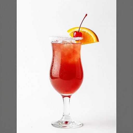 Photograph of a vibrant red cocktail with ice, sugar rim, orange slice, cherry garnish, and a clear glass against a white background.