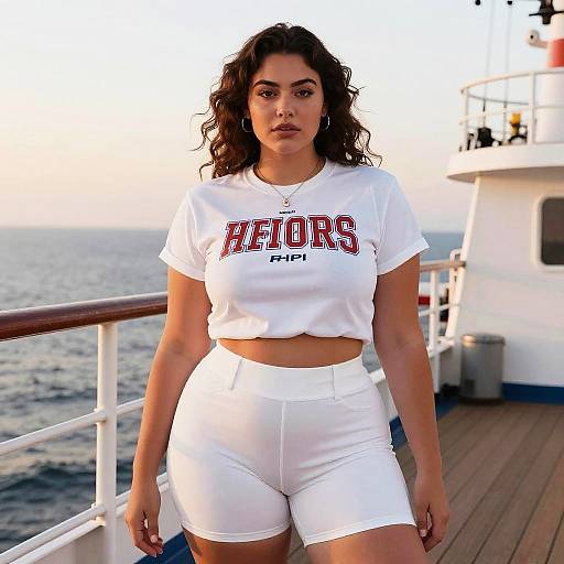 Lanky Woman on Ship Deck at Sunrise