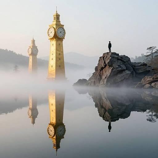 Surreal Golden Clock Towers Reflection
