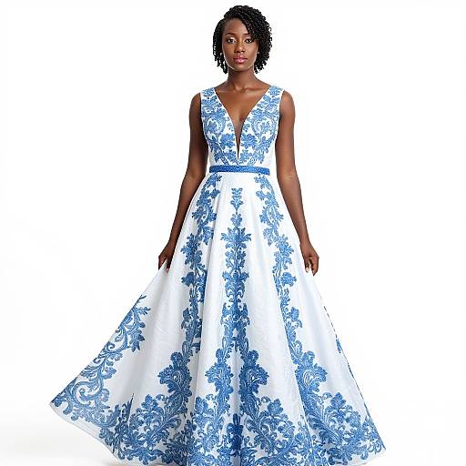 Photograph of a black woman with short curly hair wearing a white, blue floral-patterned, sleeveless, V-neck, full-length gown, standing