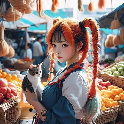 Digital anime-style artwork of a young woman with red and blue twin braids, wearing a blue pinafore over a white blouse, holding a gray