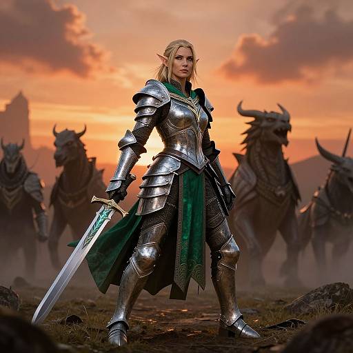 Epic fantasy digital painting: blonde elf warrior in silver armor, green cloak, holding sword, standing against sunset with armored minotaurs in background.