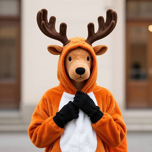 Photograph of a person in a plush, orange reindeer costume with black gloves and antlers, standing against a blurred urban background.