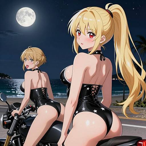 Anime-style digital artwork of two blonde women with red eyes in black star-patterned, strapless one-piece outfits, sitting on a motorcycle at night under