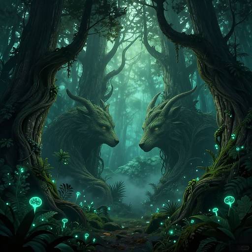 Digital fantasy artwork of two mystical, horned forest creatures facing each other in a dark, enchanted forest, surrounded by glowing blue mushrooms and misty light