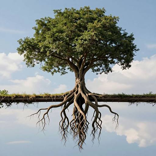 Photograph of a large tree with extensive, exposed roots reflected in calm water, set against a bright blue sky with fluffy clouds.