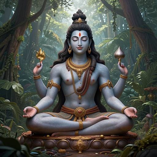 Digital art of blue-skinned Shiva statue in forest, sitting cross-legged, holding trident and lotus, adorned with gold jewelry and red gem