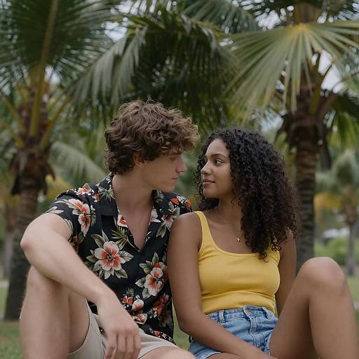 Romantic Couple Among Tall Palm Trees
