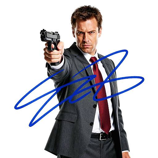 Serious Man in Suit Pointing Gun