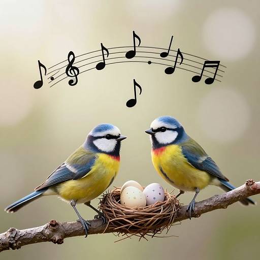 Photograph of two colorful blue, yellow, and red European goldfinches in a nest with eggs, with musical notes above them.