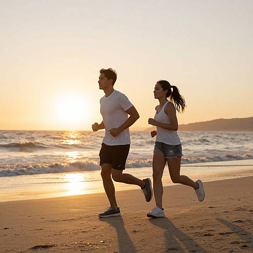 Photograph of a silhouetted couple jogging on a sandy beach at sunset, with the sun low on the horizon, wearing white shirts and athletic