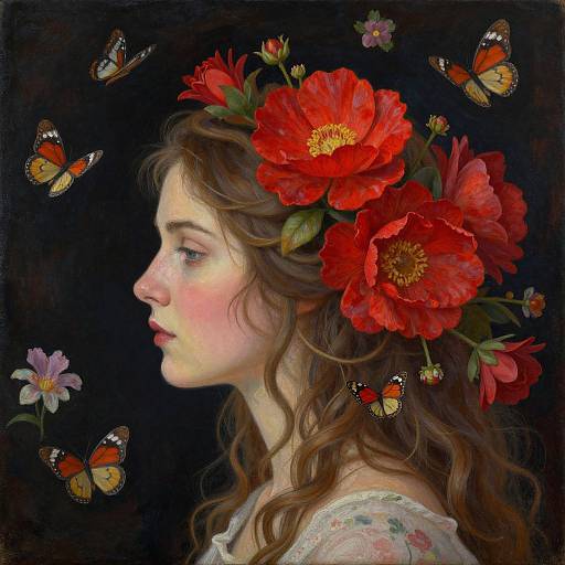Digital painting of a fair-skinned woman with wavy brown hair, adorned with red flowers, profile view, surrounded by colorful butterflies against a dark background