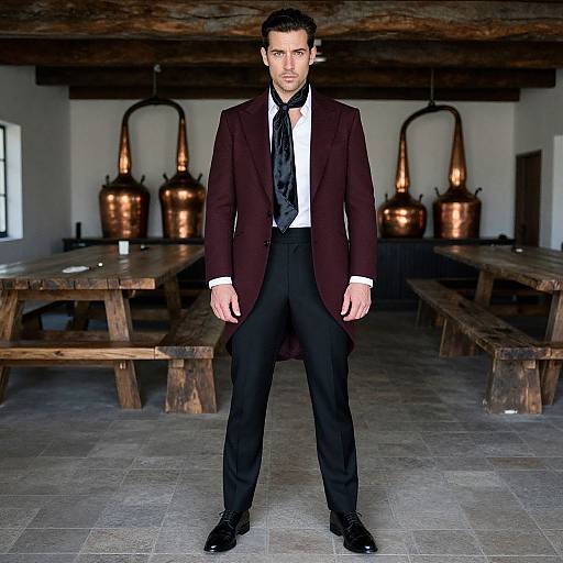 Photograph of a serious, dark-haired man in a black tie, white shirt, and maroon coat standing in a rustic kitchen with wooden tables and