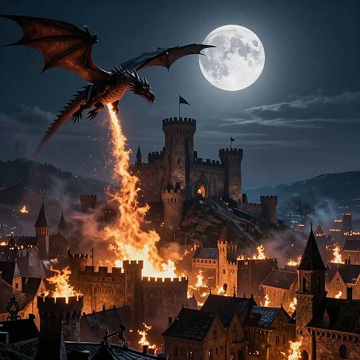 Photograph of a burning medieval castle under a full moon, with a dragon breathing fire from the sky, dark clouds, and bright orange flames illuminating