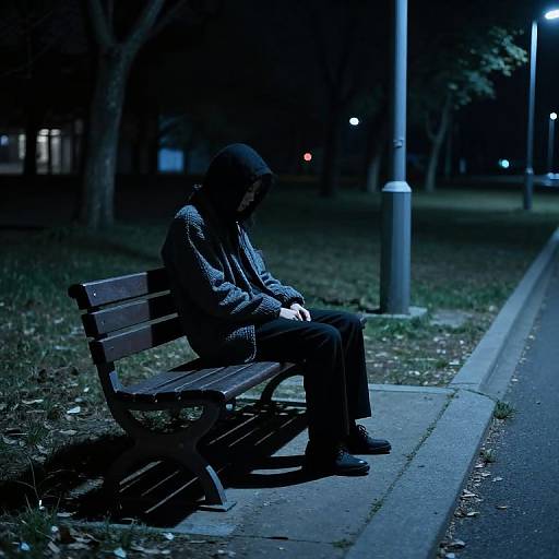 Photograph of a solitary person in dark clothing, sitting on a park bench at night, bathed in blue streetlight. Background includes trees, grass