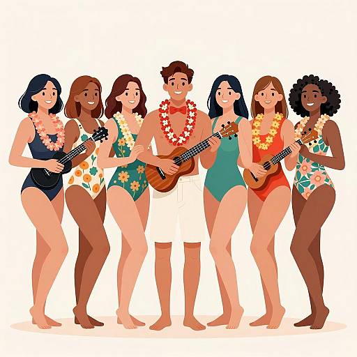 Joyful Ukulele Players in Tropical Attire