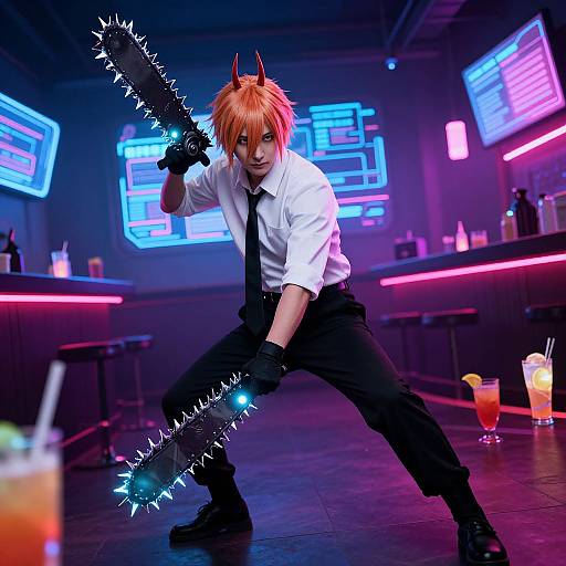Digital art of an anime-style man with orange horns, white shirt, black tie, and gloves, wielding a spiked chainsaw in a neon-lit