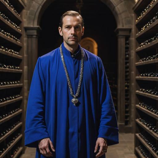 Man in Cobalt Cashmere Robe in Wine Cellar