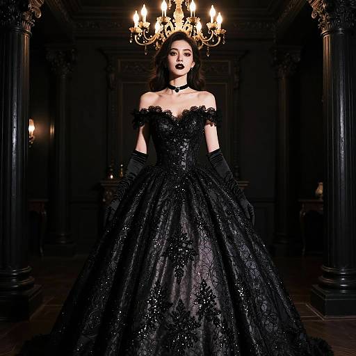 Photograph of a Gothic-style woman in an ornate, black lace off-shoulder gown, black gloves, and choker, standing in a