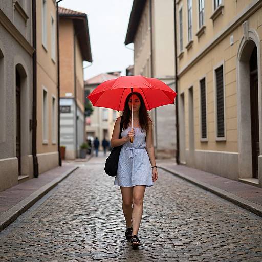 Woman with Red Umbrella on Cobblestone Street