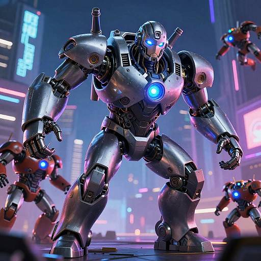 Futuristic Cyborg Hero Battling Robots