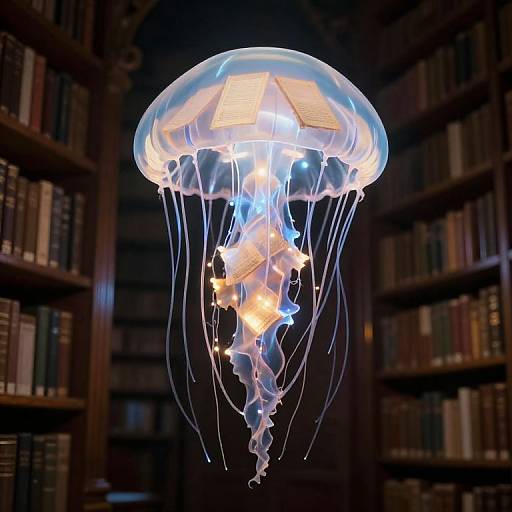 Photograph of a glowing jellyfish with illuminated tentacles and books in a dimly lit, wooden library background.