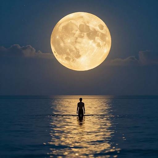 Silhouetted figure standing in calm ocean, facing enormous, glowing full moon under a dark, starry sky, reflected in water.