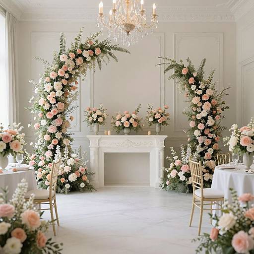 Elegant wedding reception photo: White-walled room with floral arches, pink roses, greenery, crystal chandelier, white tables, gold chairs