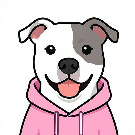 Digital cartoon of a happy white and black dog with one gray ear, wearing a pink hoodie, smiling with tongue out.