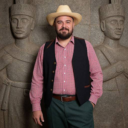 Photograph of a bearded man with a straw hat, red checkered shirt, black vest, and green pants, standing in front of stone car