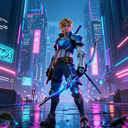Cyberpunk cityscape at night, neon lights, raining. Blonde warrior with blue glowing armor, sword, standing confidently, holding another sword. Digital