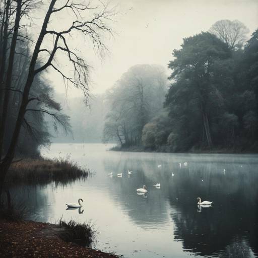 Misty Woodland Lake with Swans
