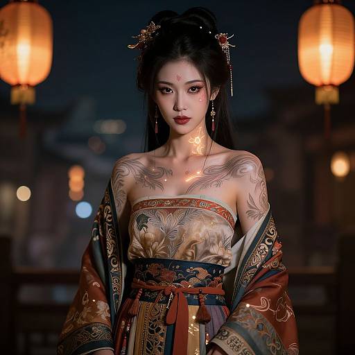 Photograph of an Asian woman in traditional, ornate kimono with intricate tattoos, dark hair in updo, glowing lanterns in background.