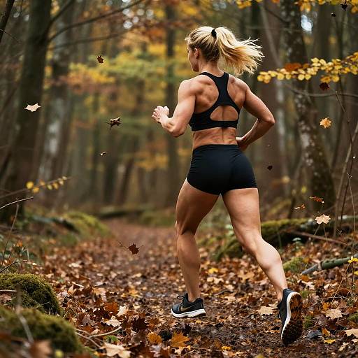 Blonde Athlete Running Autumn Forest