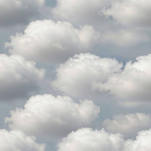Photograph of a clear blue sky with scattered, fluffy white cumulus clouds, creating a serene and peaceful atmosphere.