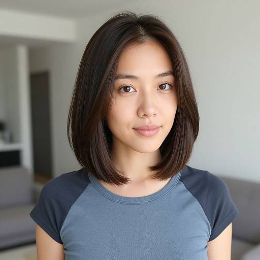 Photograph of a young Asian woman with straight black shoulder-length hair, wearing a blue and black raglan shirt, smiling softly in a modern, minimal