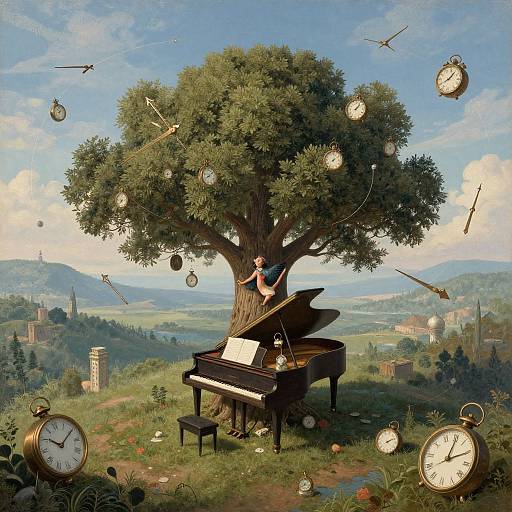 Magical illustration: A person playing a grand piano under a clock-filled tree, with clocks floating in the sky, overlooking a lush, rolling countryside.