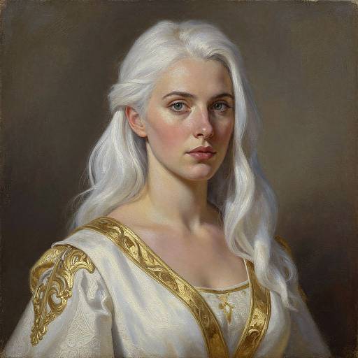 Digital painting of a fair-skinned woman with long, white, wavy hair, wearing a gold-trimmed, white, ornate robe,
