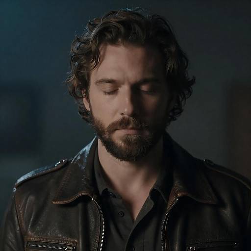 Calm Man with Closed Eyes in Leather Jacket