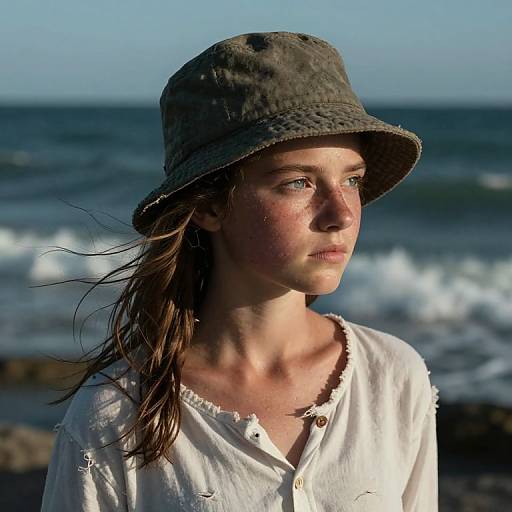 Photograph of a young woman with sunlit, wind-blown brown hair, wearing a dirty green bucket hat and white, weathered shirt, standing