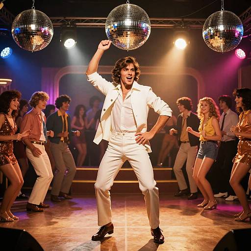 Photograph of a dancing man in a white suit, leading a disco dance troupe under mirrored ball lights on a stage.