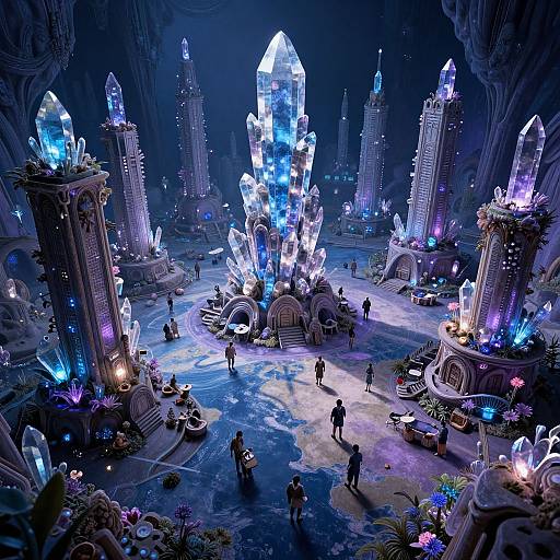 Digital art of a glowing, crystal-filled cavern with towering, luminous crystal structures, small figures exploring, vibrant blue and purple lights, and intricate,