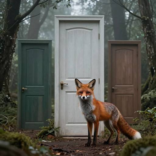 Photograph of a red fox standing in front of three wooden doors (one white, one green, one brown) in a foggy forest.