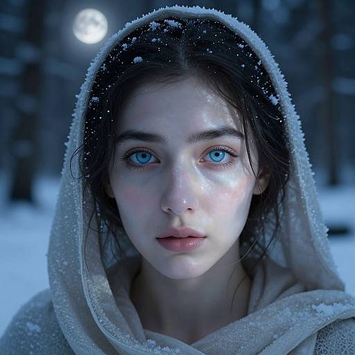 Photorealistic digital artwork of a young woman with striking blue eyes, snow-covered hood, and pale skin, gazing intensely in a snowy forest at