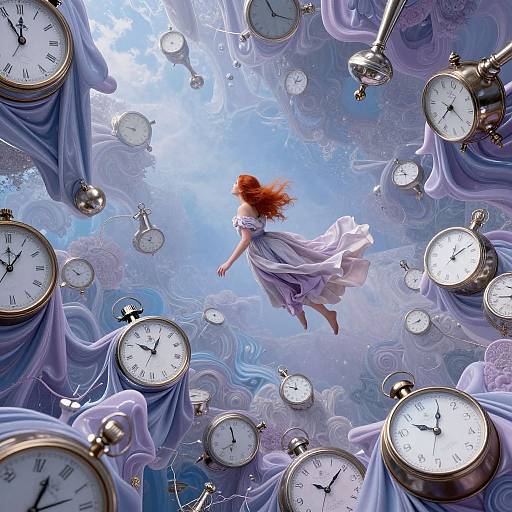 Digital artwork: A red-haired woman with flowing white dress floats among floating vintage clocks, surrounded by swirling blue and purple fabric.