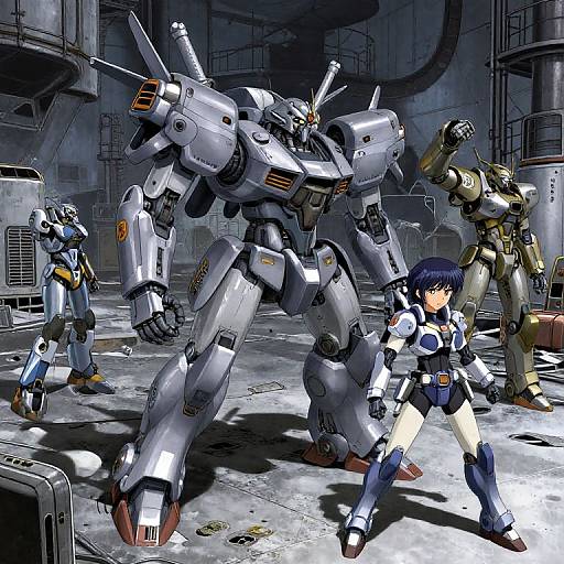 Digital anime-style illustration of a blue-haired girl in a futuristic suit, surrounded by three large, silver mechs in a dark, industrial warehouse.