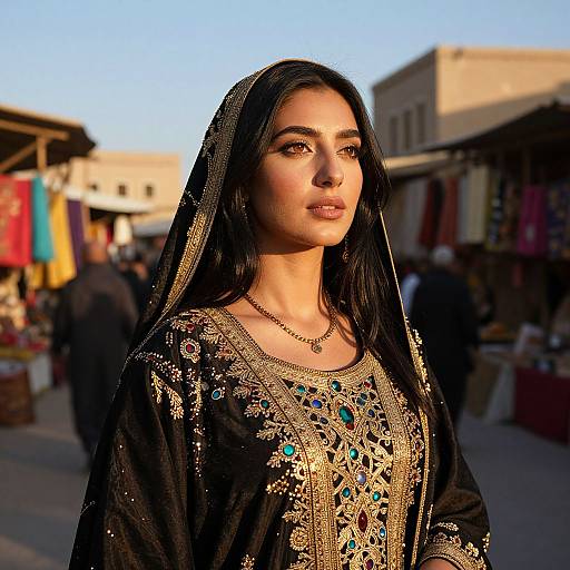 Photograph of a young woman with long black hair, wearing an ornate black embroidered dress with gold and blue patterns, standing in a sunlit market